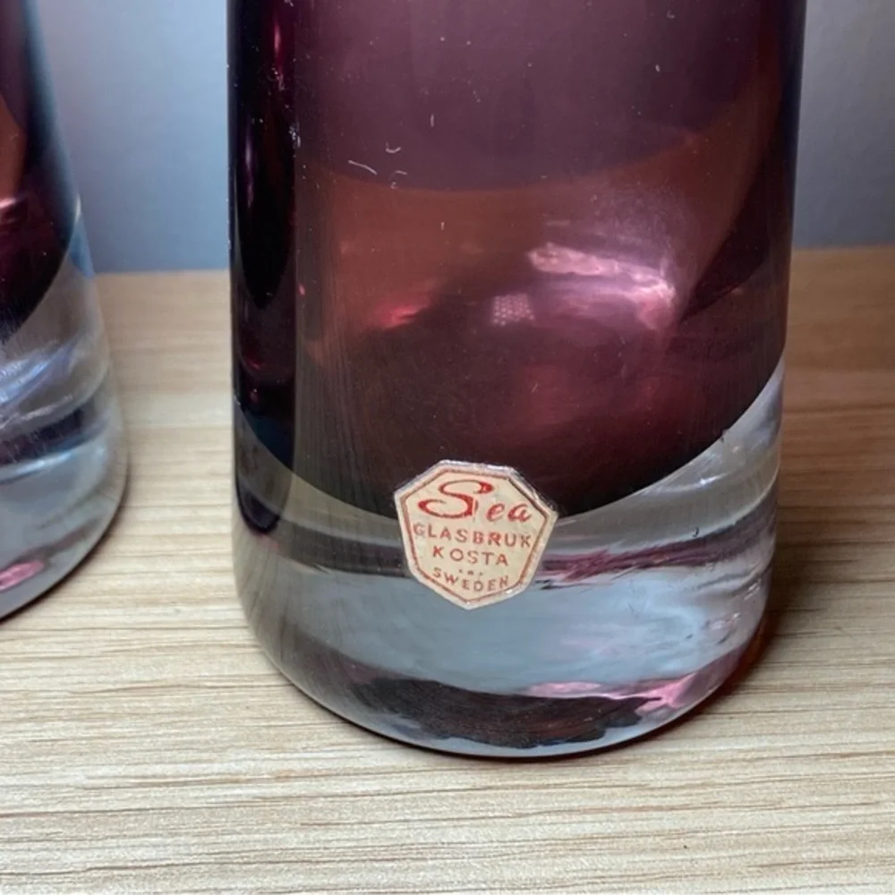 Set Of 2 Sea GlasBruk Kosta‎ Sweden Minimalist Bud Vase Purple Pink Rare